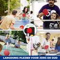 Collage van mensen die tafeltennis spelen, jong en oud.