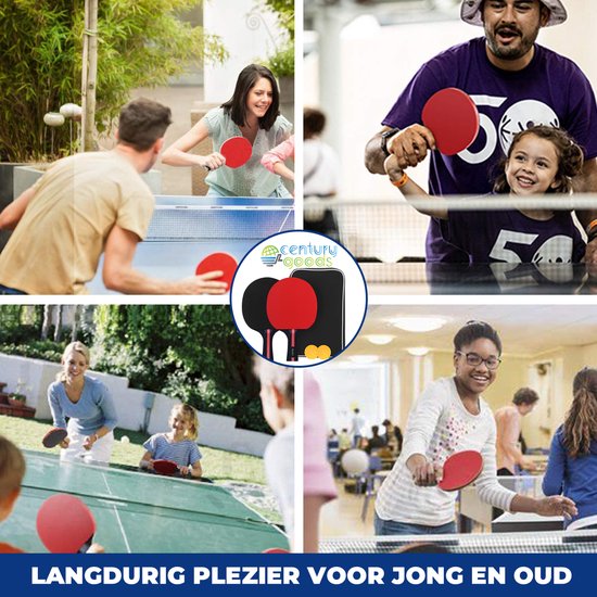 Collage van mensen die tafeltennis spelen, jong en oud.