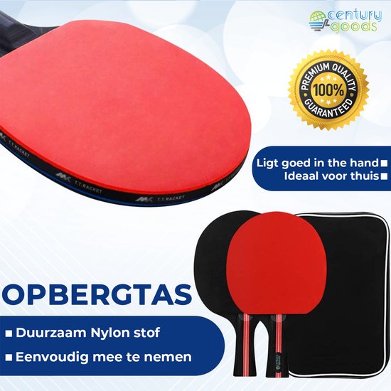 Twee rode tafeltennisbatjes met zwarte handvatten, naast een zwarte opbergtas.