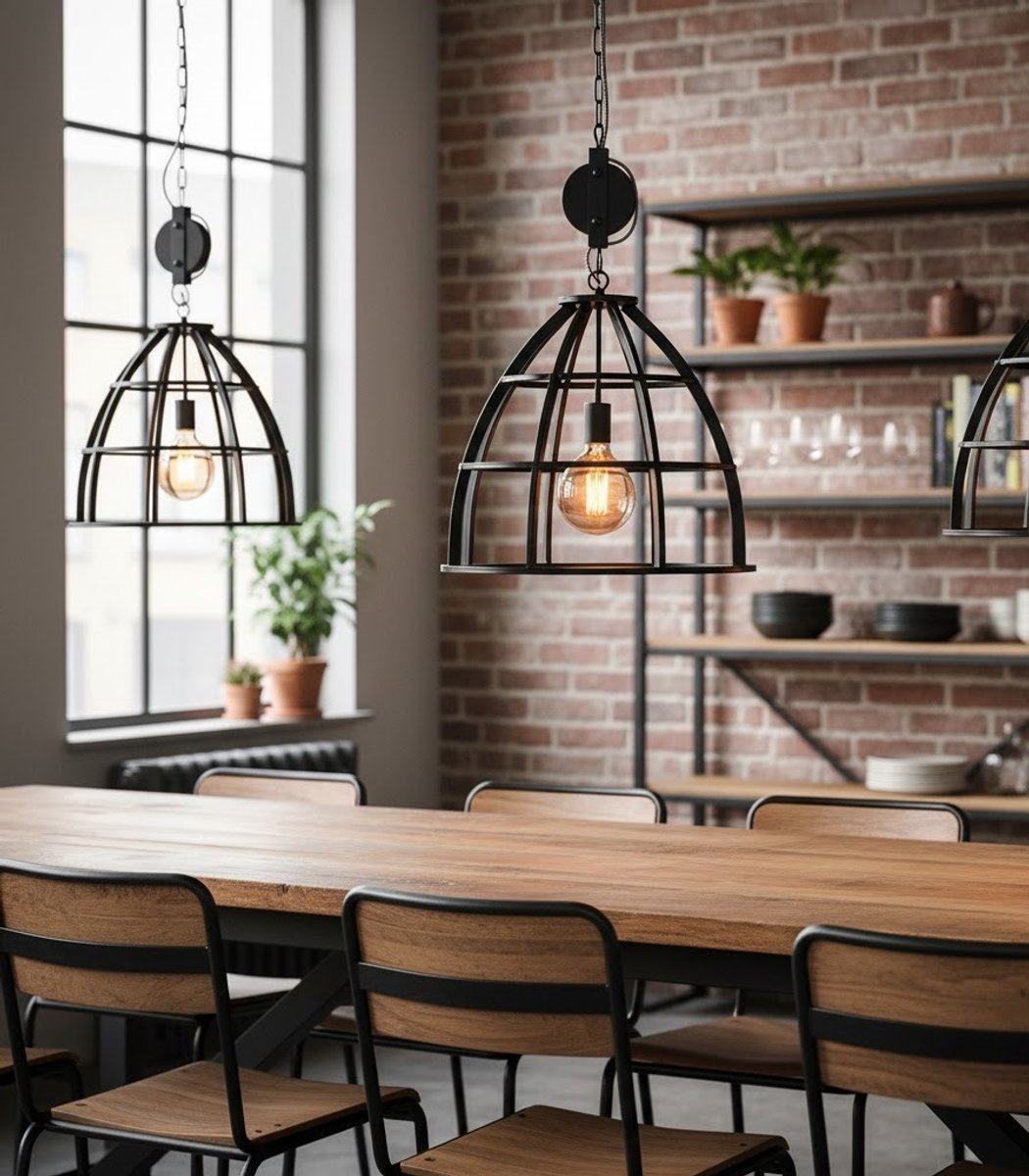 Hanglamp Industrial Grid – Zwarte Stalen Katrol Lamp 47 cm x 42 cm | Altameubel