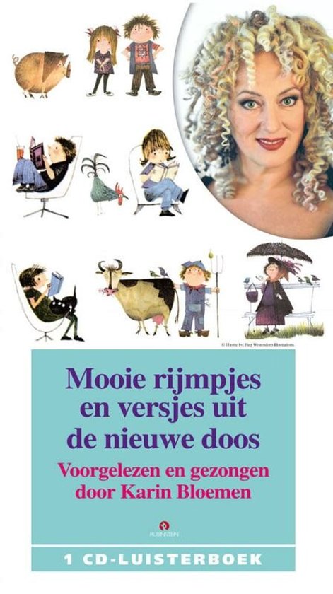 Collage van illustraties: varken, kinderen, zingende vrouw, koe, boer, vrouw met vogels, en tekst: "Mooie rijmpjes en versjes uit de nieuwe doos".