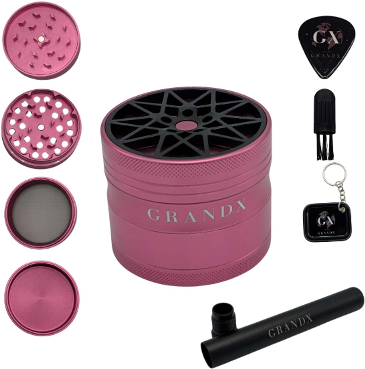 Grand X - Grinder - Wietking - 4 Lagen - Metaal - Roze - Volledige Grind Set - Kruidenmaler - Crusher