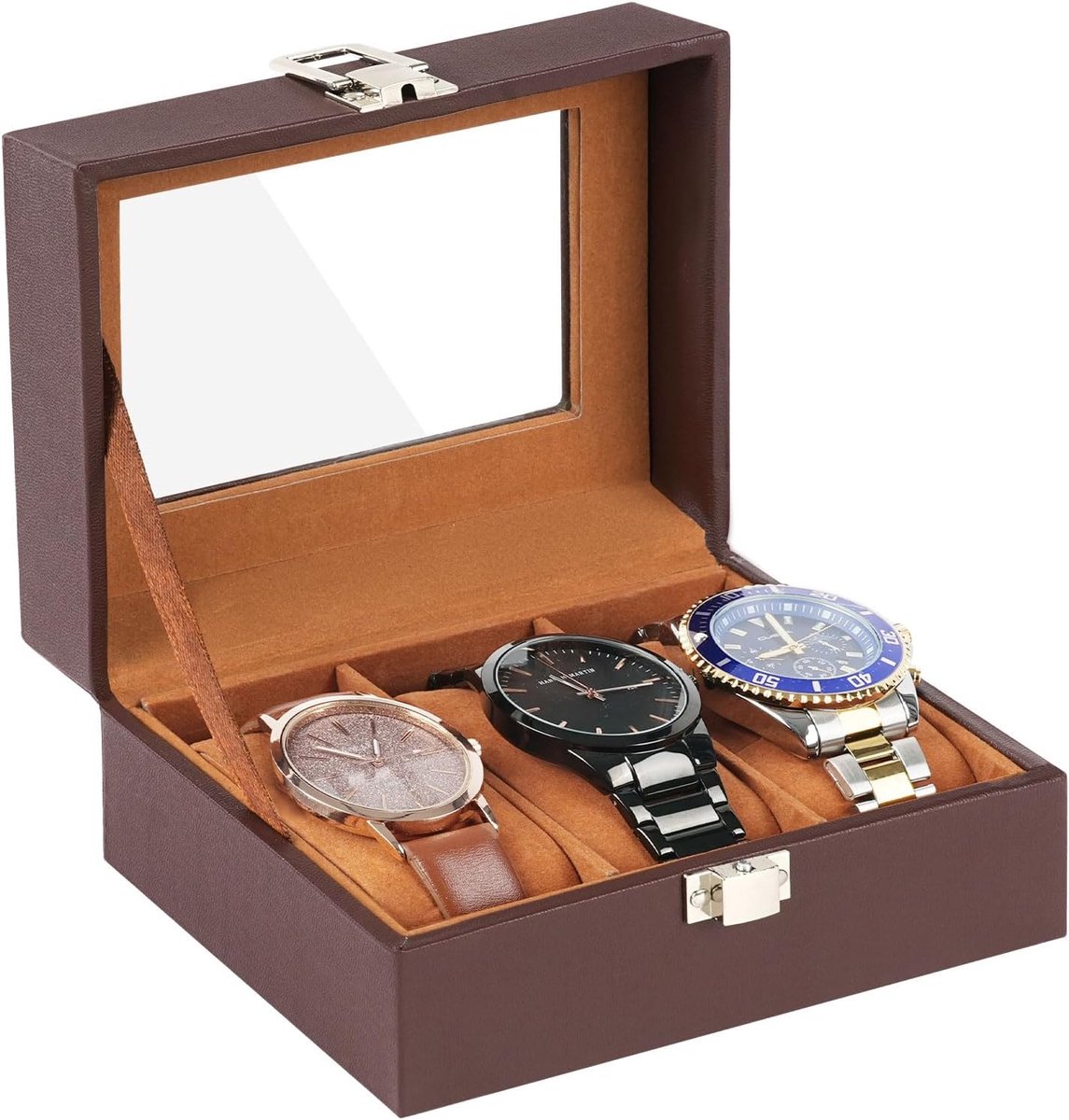 Watch Box met 3 Slots - Horloge Case met Glazen Deksel - PU Lederen Horloge Display Opslagdoos met Verwijderbare Horloge Pads - Voor Sieraden Armbanden Bangles Opslag (Bruin)