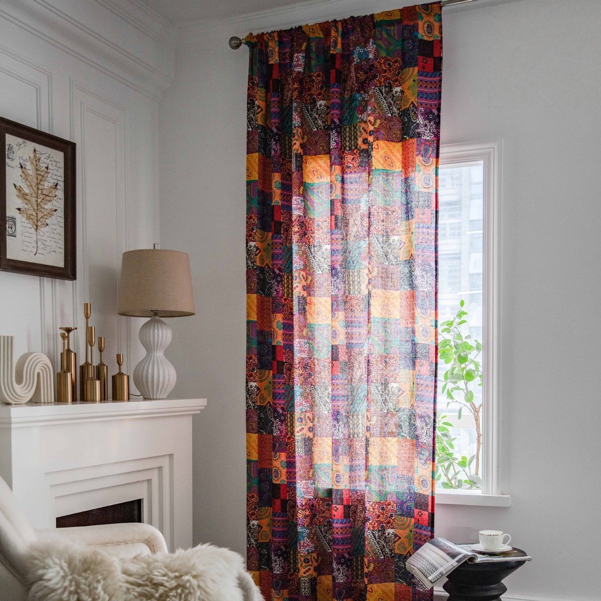 Floraweg Boho-gordijnen in patchworkstijl met bloemenmotief, geometrische lichtfilterende semi-verduisterende gordijnen, kleurrijk,roedezakken,140x160cm