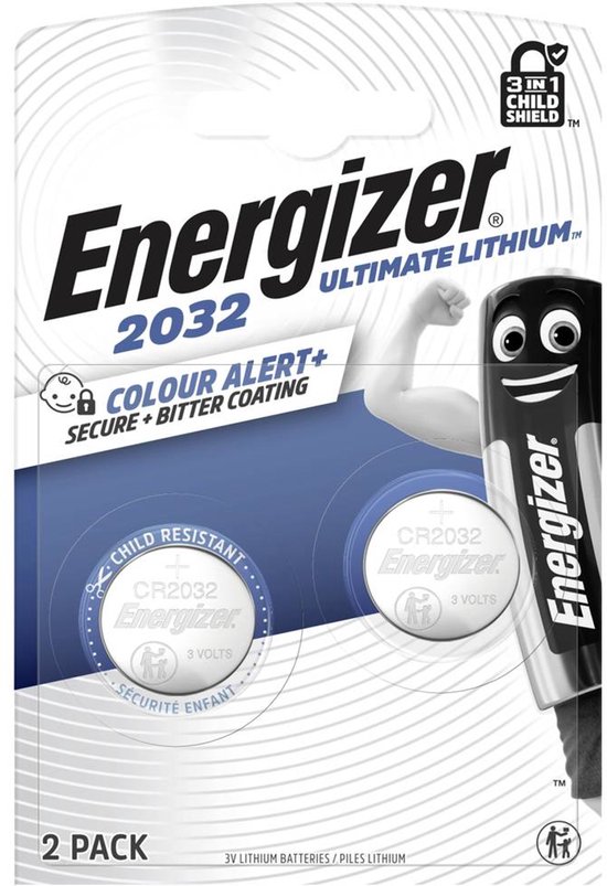 Piles lithium ultime Energizer 2032, paquet de 2, avec alerte couleur et revêtement amer.