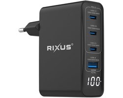 Rixus 4Port fast charging wall adapter - 100W GaN Power Adapter With Digital Display Black - RX100 - Designed for Smartphones & Tablets