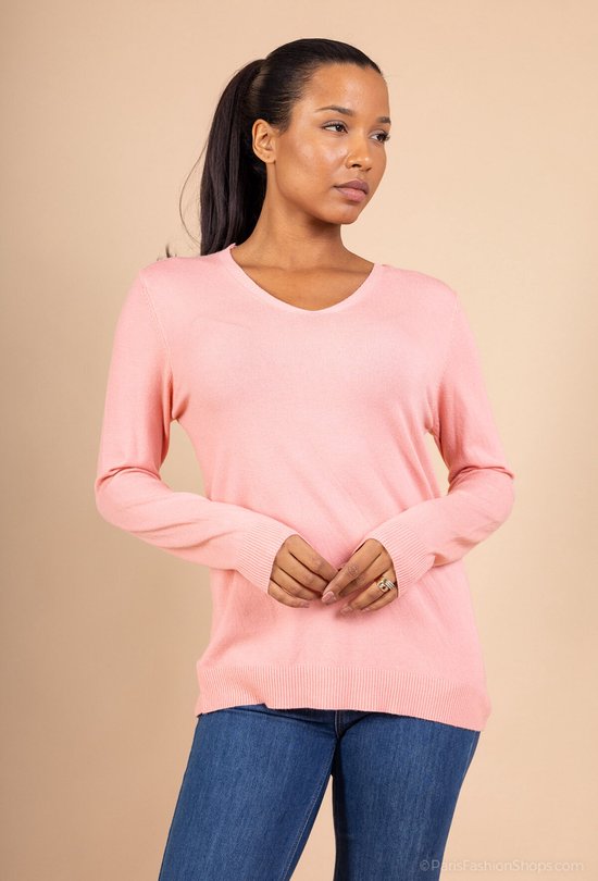 Dames warme trui Alida-V-hals-fijngebreid-effen roze-lange mouwen-maat XL/XXL