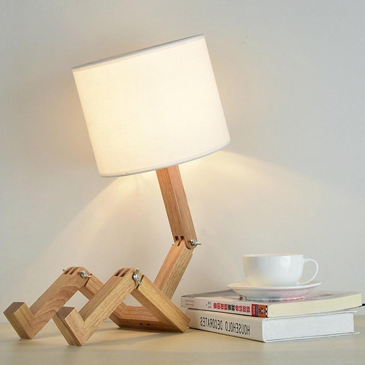 CSGoods - Creatieve verstelbare houten bureaulamp met stoffen lampenkap voor kinderen, slaapkamer, kantoor en woonkamer - decoratieve verlichting