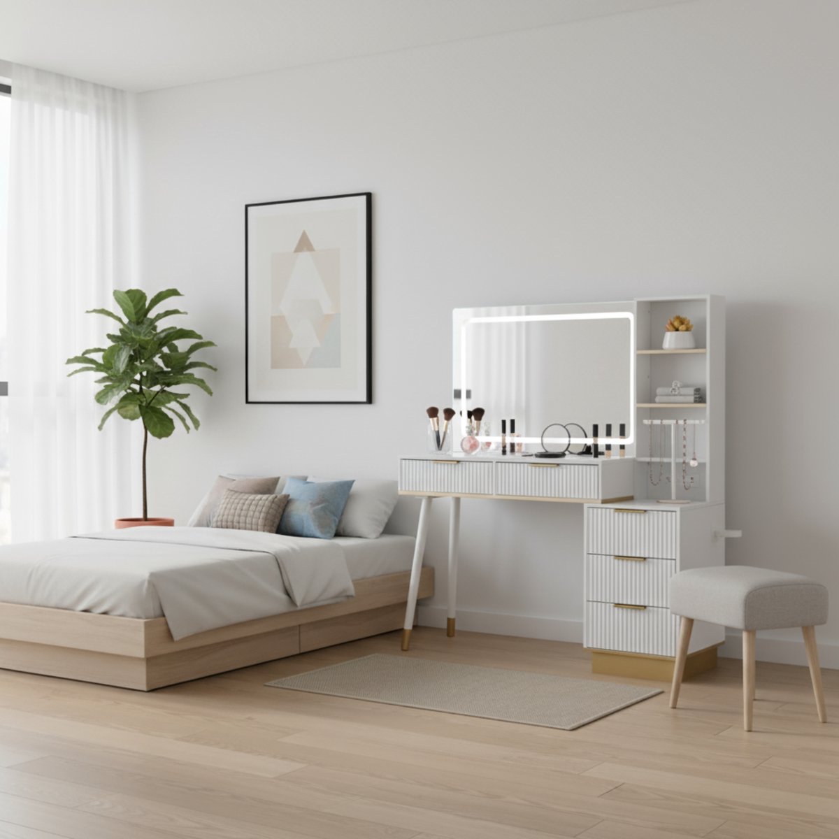 Make-uptafel 122×40×137 cm – Grote Kaptafel met LED Spiegel, 5 Laden, USB-Aansluiting, Glasblad, Modern Design, Stabiel en Onderhoudsvriendelijk – Ideaal voor Slaapkamer – Altameubel