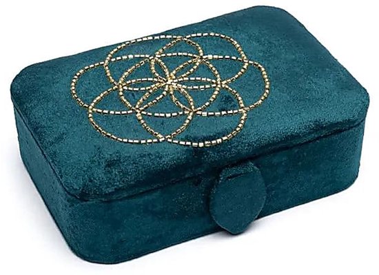 Sieraden / tarotdoos fluweel petrol met Seed of Life