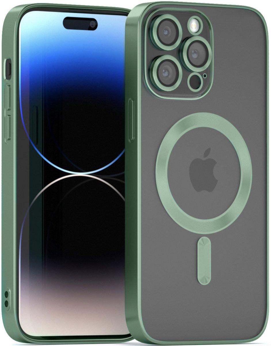 YPCd MagSafe Hoesje Geschikt voor Apple iPhone 14 Pro – Transparante TPU Backcover – Verhoogde Camerabescherming – Groen