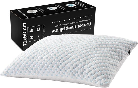 DONAMA Ergonomisch nek- en schouderkussen, traagschuimkussen voor zij-, rug- en buikslapers, nek- en schouderkussen met kussensloop, 63x38x9/14cm, grijs wit