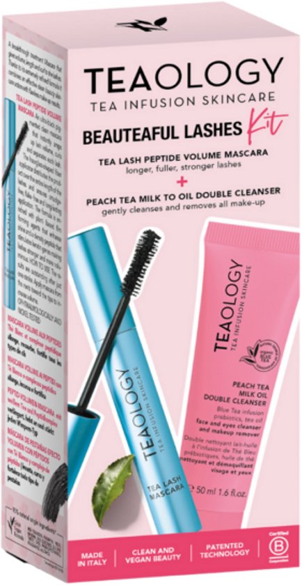 Teaology Tea Beautiful Lash Kit - 2-in-1 Wimperverzorging Met Voedende Mascara En Milde Milk Oil Double Cleanser – Versterkt En Verzorgt Wimpers, Reinigt Zacht – Vegan & Duurzaam – Voor Vollere, Gezondere Wimpers En Stralende Oogopslag