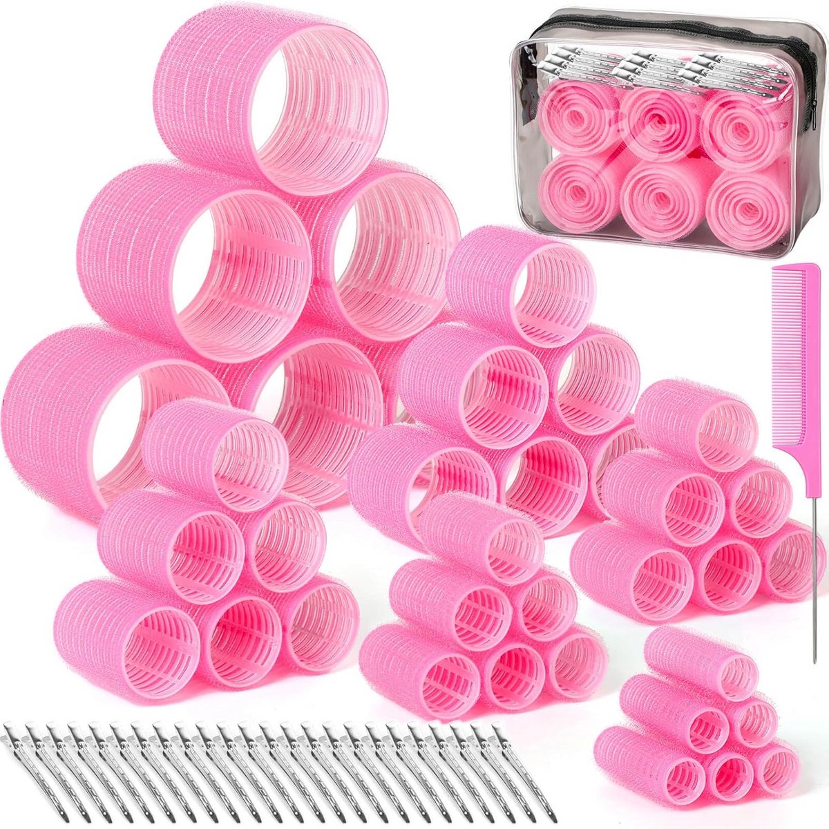 62 Délige Haarrollers Set: Zelfklevende Krulspelden in 6 Maten voor Kort tot Lang Haar