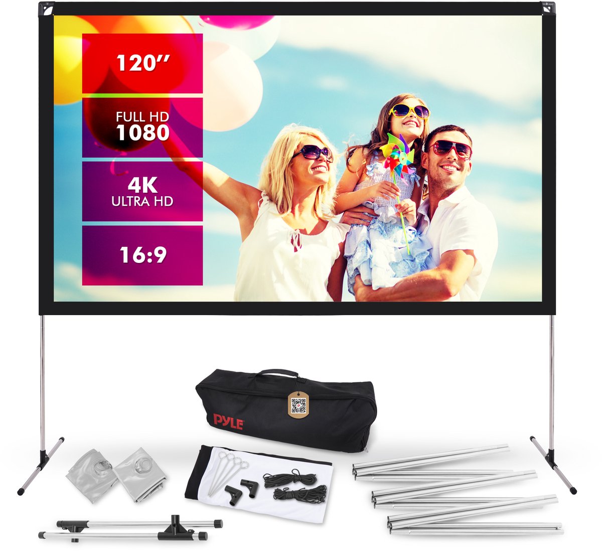 Pyle Projectiescherm met Standaard - 120 inch 16:9 HD - Draagbaar Lichtgewicht Vouwbaar Staand Buiten- en Binnenbioscoop Scherm met Frame