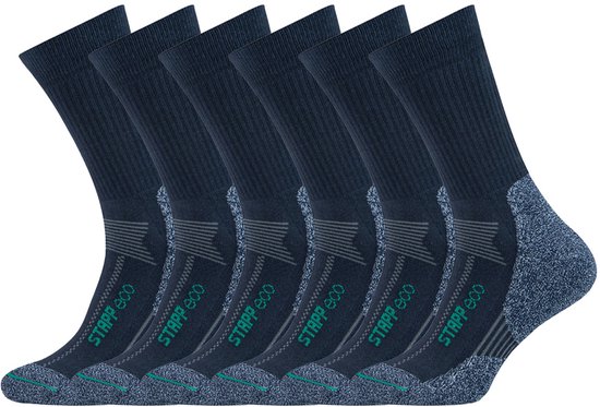Zes paar donkerblauwe werksokken met STAPP ECO logo in groen, met grijze verstevigingen.