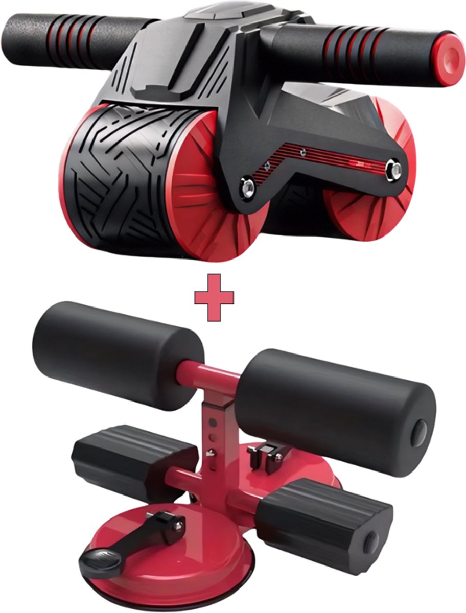 Verstelbare buikspiertrainer fitnessapparaat voor buikspieroefeningen + Buikspier 6 PackTraining Apparatuur En Thuis Buikspieren, Roller Buik Buikspier Wielen Zwart/Rood Inclusief Knie mat