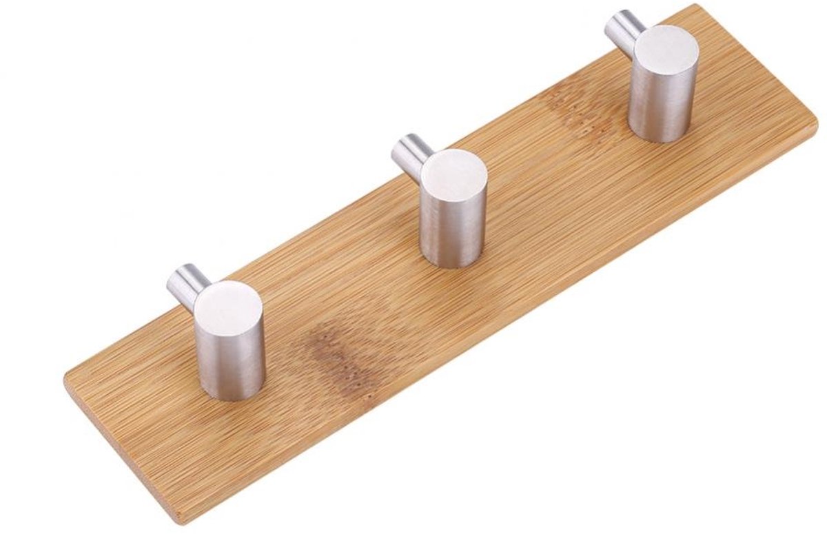 Vaste haken Natuurlijke Bamboe Roestvrij Staal Wandhanger Haak Sleutelhanger Handdoekhouder Keuken Badkamer (Drie Hook)