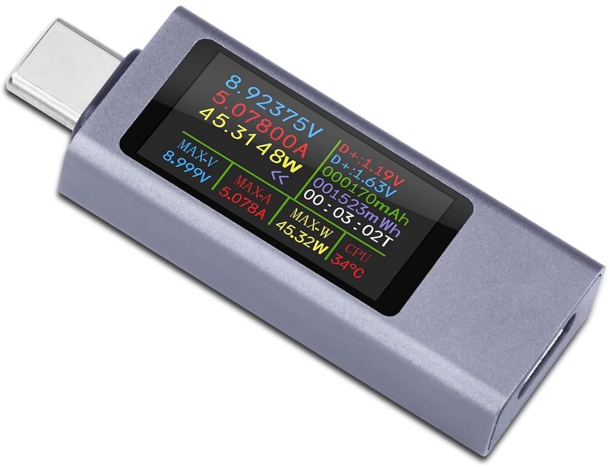USB C Tester Met Kleurendisplay: Meet Spanning, Stroom, Vermogen en Capaciteit (4-30V, 0-12A)