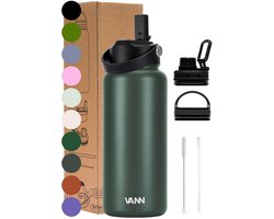 VANN® 3-Wandige RVS Drinkfles 1 Liter met rietje voor volwassenen – Met 5 accessoires – Thermosfles – 24 uur koud/12 uur warm – Dark Forest – VANN Ultimate Bottle®