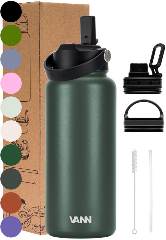 VANN® 3-Wandige RVS Drinkfles 1 Liter met rietje voor volwassenen – Met 5 accessoires – Thermosfles – 24 uur koud/12 uur warm – Dark Forest – VANN Ultimate Bottle®