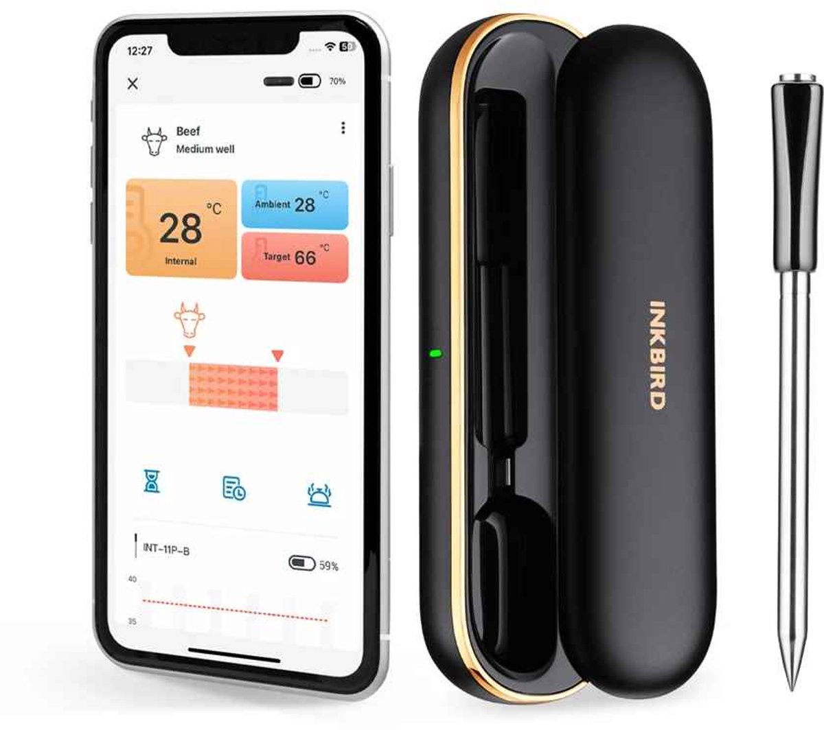 De Warenloods - Vleesthermometer - INKBIRD INT-11P-B - Draadloos - Bluetooth & WiFi BBQ Thermometer - Oventhermometer - Kookthermometer voor Barbecue, Grill, Oven en Sous-Vide