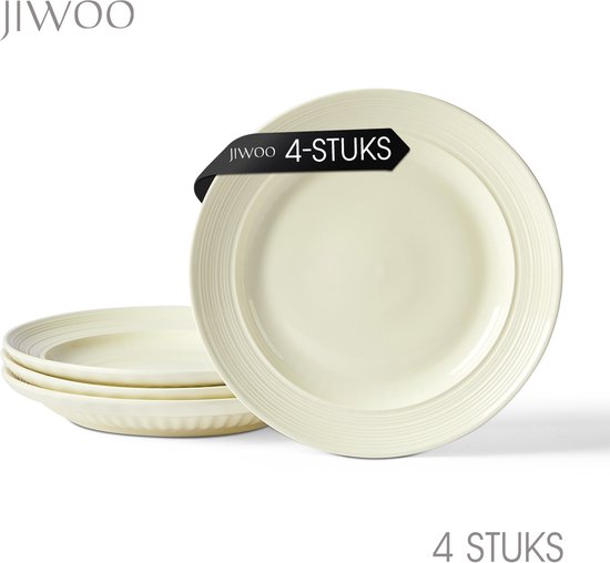 Set van 4 crèmekleurige dinerborden met ribbelrand, merk Jiwoo.