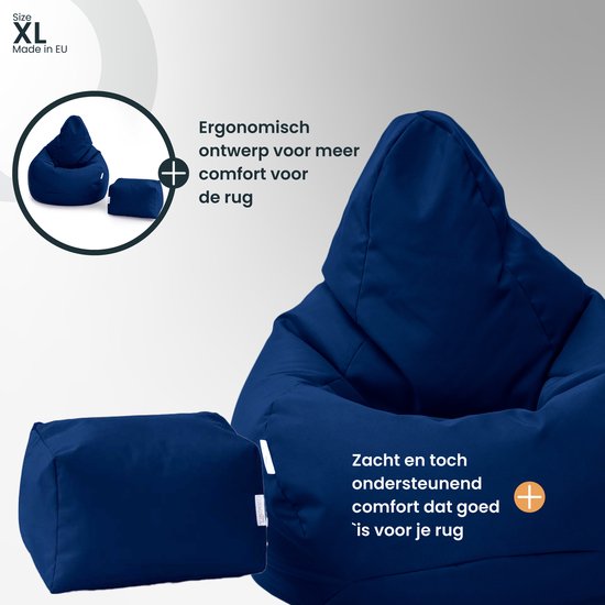 Donkerblauwe zitzak en poef met tekst over ergonomisch ontwerp en ondersteunend comfort.