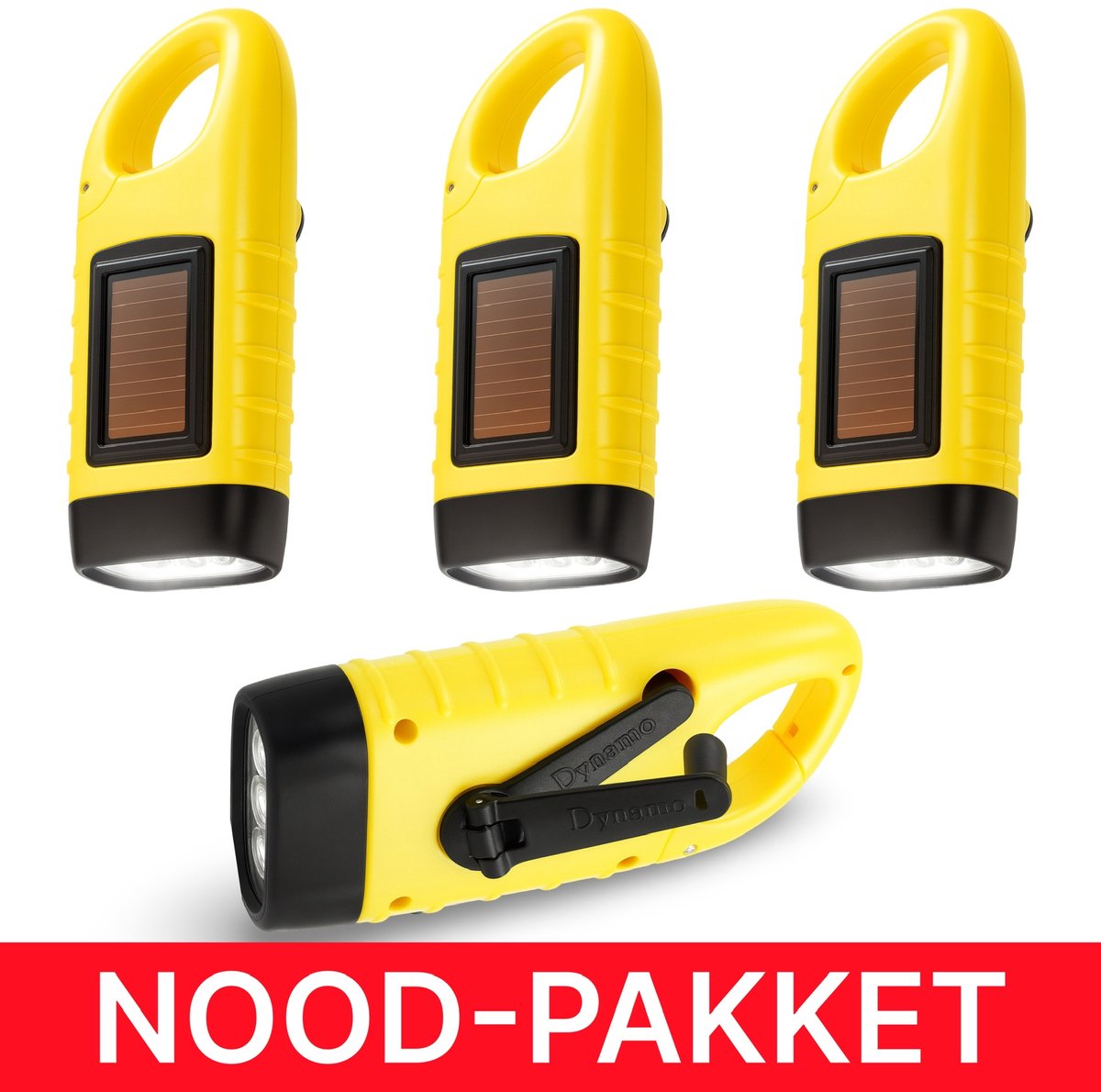 DEGG® Nood Zaklampen Family-Pack (4 Stuks) – Opwindbaar & Zonne-energie – Dynamo Zaklamp voor Noodsituaties, Stroomuitval, Camping & Auto – Zonder Batterijen, Altijd Licht
