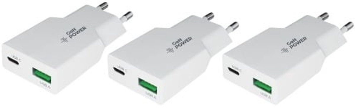 3 stuks OneOne 20W snellader met 2 poorten. USB C en USB A. Platte GAN Quick Charge lader. PD PPS oplader adapter past op Nokia T20, T21, X10, X100, X20, X30, X5, X7, X71, XR20, XR21, 9 PureView