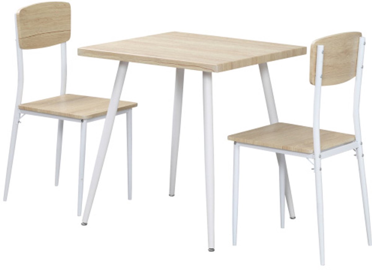3-delige tafel en stoelen set, 1 tafel en 2 stoelen, eetstoelen, geschikt voor bar, restaurant, café, 70 x 70 x 76 cm (tafelmaat), 39,5 x 48 x 88,5 cm (stoelenmaat), wit, metaal