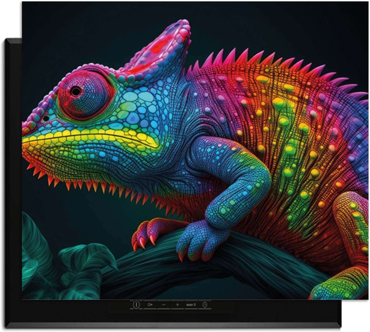 KitchenArt - Neon Chameleon – Inductie Beschermer - 71x52 cm - Kookplaat Beschermer - Luxe Afdekplaat Inductieplaat - Anti-slip & Oprolbaar - Beschermmat Inductiekookplaat