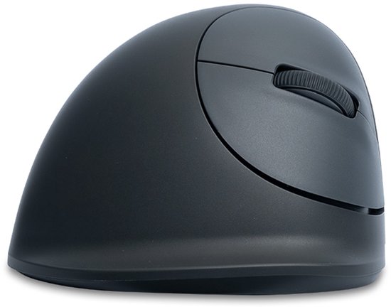 Grijze ergonomische muis, zijaanzicht met scrollwiel.