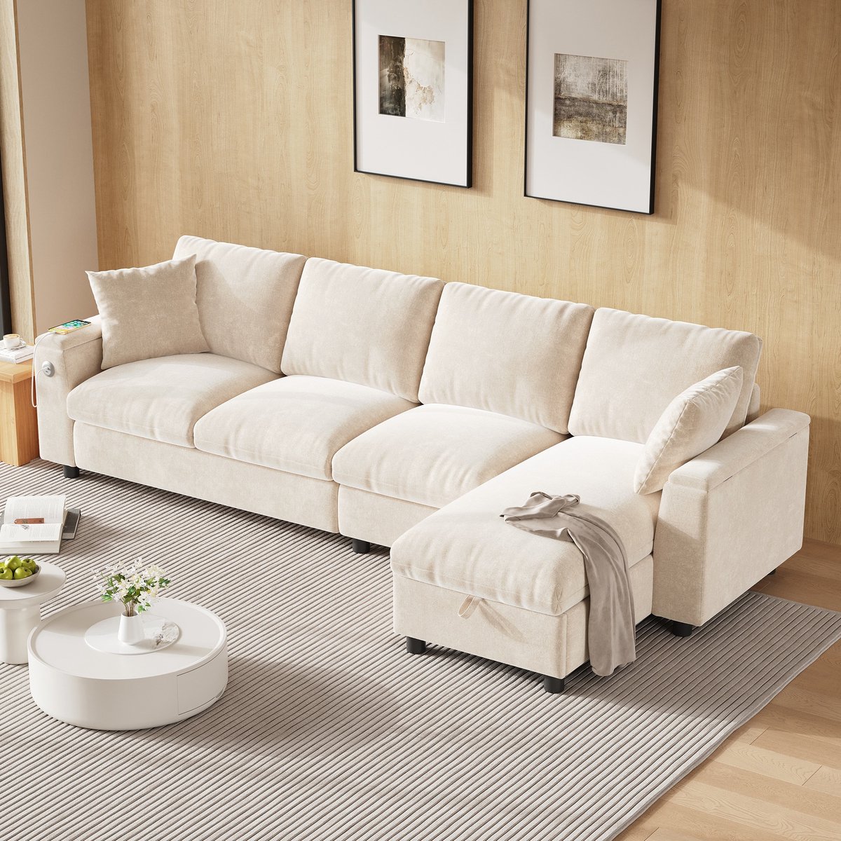 Sweiko L-vormige bank - Chenille stof - Hoekbank - Opbergruimte - Met 2 bekerhouders - USB/Type-C - Beige