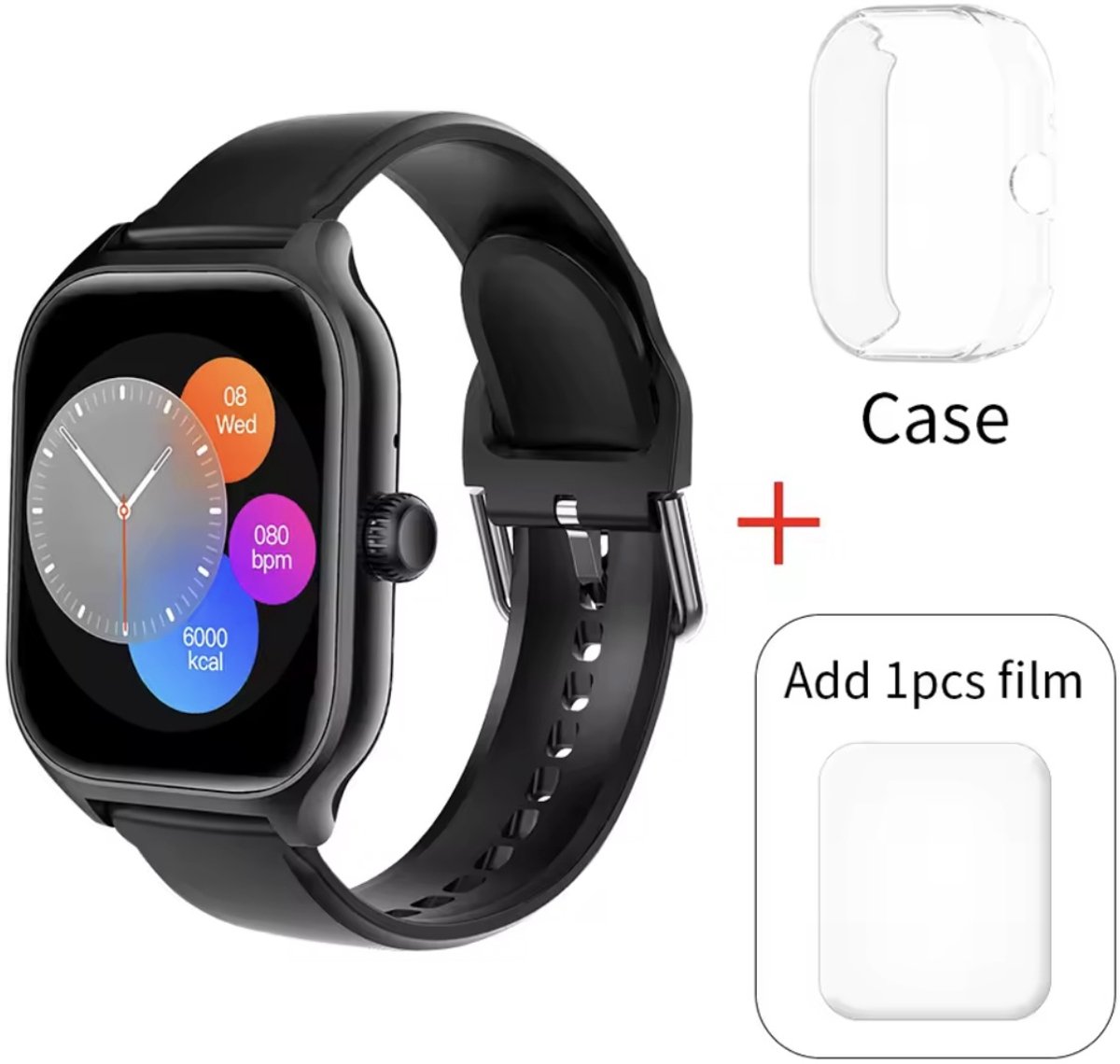 Sjika - Max Smartwatch – Inclusief Hoesje + Screen Protector – ECG, Bloeddrukmeting, SpO2, Hartslag & Slaapmonitor – Fitnesshorloge Voor Android & iOS – Multisport Modes - Zwart - Voor mannen en vrouwen - Perfect cadeau