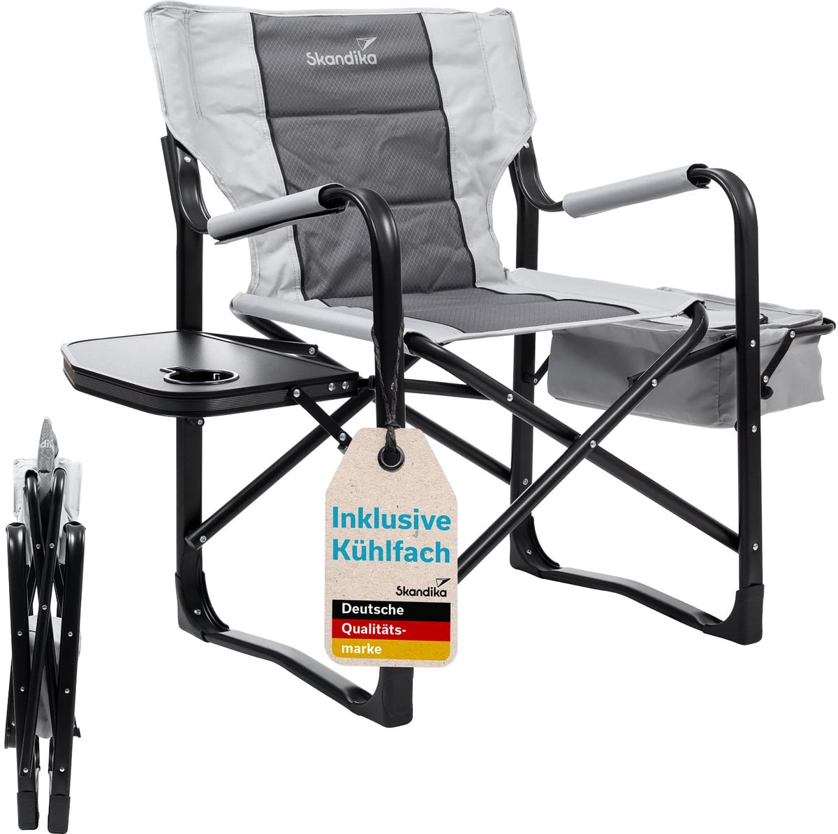 Skandika Tepsa Campingstoel – Campingstoel opvouwbaar - Kampeerstoel - Comfortabele klapstoel met tafel en koelvak tot max. 150 kg inklapbaar bekerhouder - Klapstoel voor kamperen camping festival vissen strand – grijs