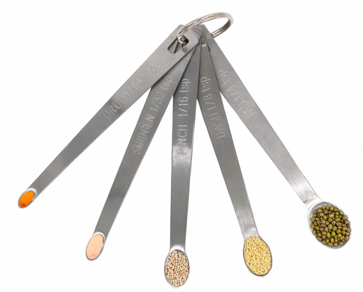 5 set - Lepel - Kruidenlepel - Koffielepel - Roestvrij staal - Rond - Maatlepel - Geschikt voor bakken, koken en koffie - Inclusief opbergring - Ideaal voor kleine hoeveelheden droge of vloeibare ingrediënten en kruiden - Zilver