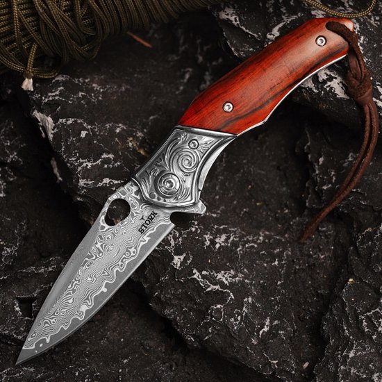 Couteau de poche Damas avec housse en cuir - Acier Damas - Survie - Couteau Plein air - Couteau de poche - Couteaux de poche - Couteaux de poche - Manche en bois - Robuste - Couteau de camping - Couteau de chasse - Camping - 18cm - Astuce cadeau