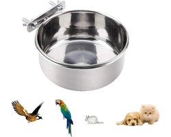 Stunq® Roestvrijstalen vogelkooi, voederbak, papegaai, voer, water, voederschaal, vogel, papegaai, voederbeker met klem voor kleine dieren (L)