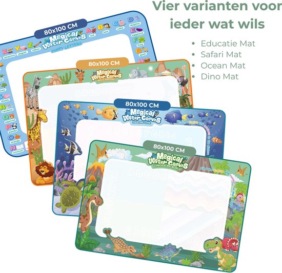 Vier watermatten in verschillende thema's: Happy Letters, Safari, Oceaan en Dino, elk 80x100 cm.