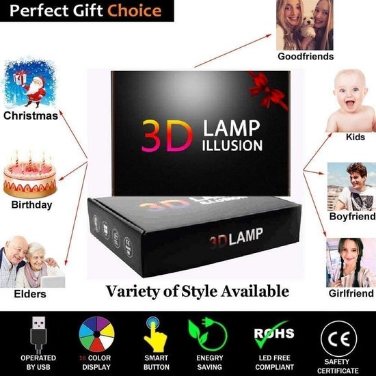 3D Illusie LED Nachtlamp met 16 Kleuren en Afstandsbediening - Sfeervolle Bureaulamp — afbeelding 4