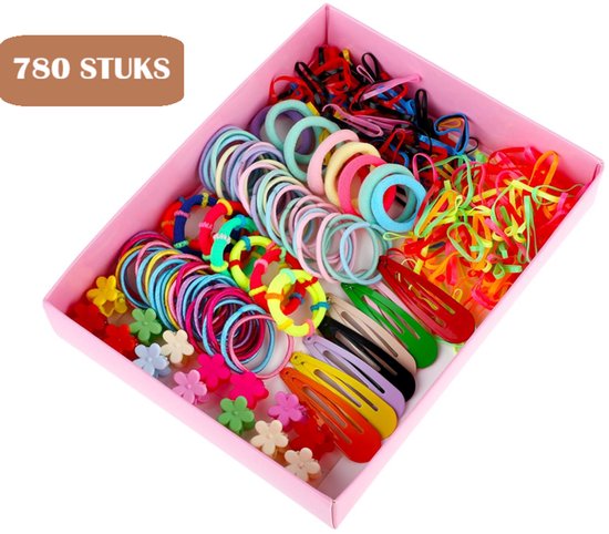 Roze giftbox gevuld met 780 stuks haaraccessoires: bloemknijpertjes, haarclips en vele elastiekjes in diverse kleuren.