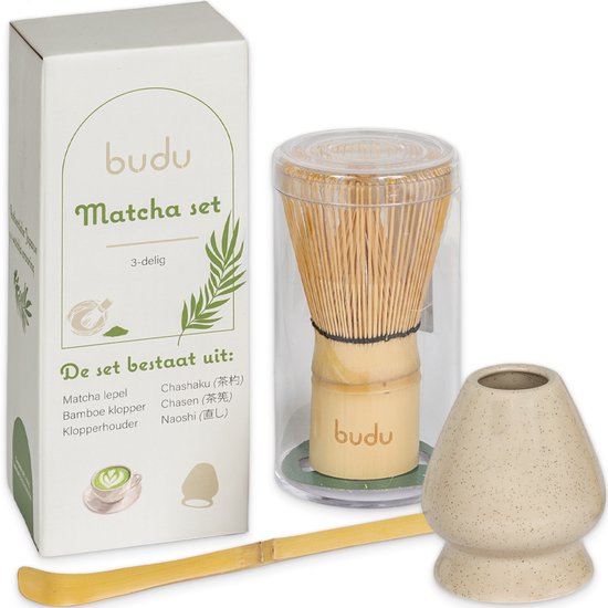 Set de matcha Budu, 3 pièces. Comprend une cuillère à matcha, un fouet en bambou et un support pour fouet.