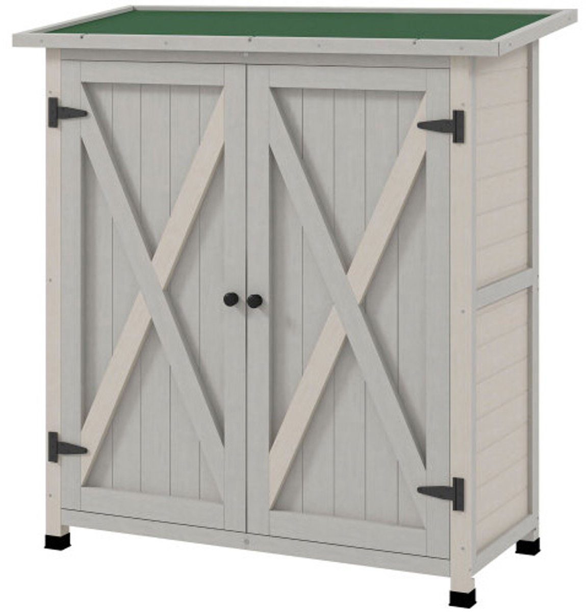 Tuinopbergkast, tuin gereedschapskast, tuinwerkplaats, regenbestendige opbergkast met 2 deuren, met werkblad, voor gereedschapsopslag, geschikt voor tuin, terras, 110 x 55 x 117 cm, lichtgrijs, hout.