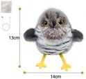 Grijze pluche vogel met gele poten, blauwe strepen en ogen. Afmetingen: 13cm hoog, 14cm breed. Inclusief USB-kabel en batterij.