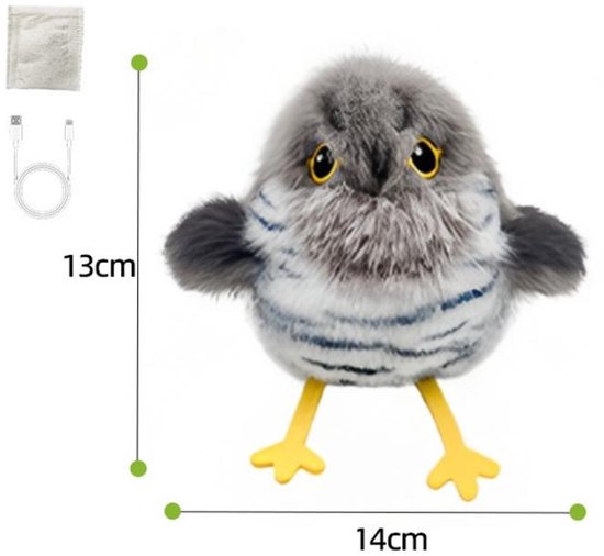 Grijze pluche vogel met gele poten, blauwe strepen en ogen. Afmetingen: 13cm hoog, 14cm breed. Inclusief USB-kabel en batterij.