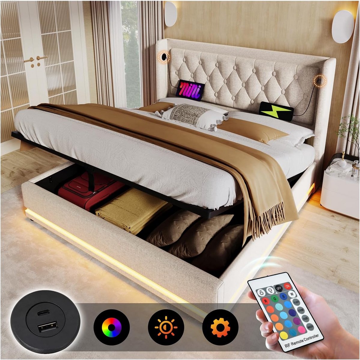 Tweepersoons Bed 140x200 cm met Opbergruimte, Hoofdeinde met LED en USB-C Opladen - Gestoffeerd Beige