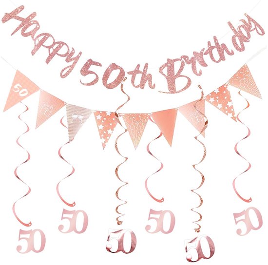 Verjaardagsdecoratie voor mannen, 50e verjaardag banner decoratie, Happy Birthday wimpel, slinger met roségouden zwarte confetti ballonnen