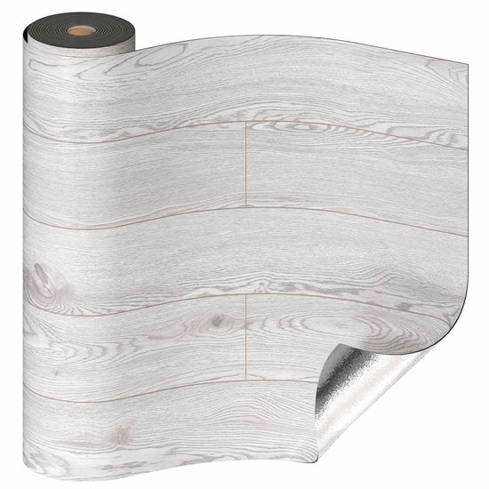 Rol lichtgrijze PVC vloerbedekking met subtiele houtnerfstructuur, waarvan de hoek is opgerold.