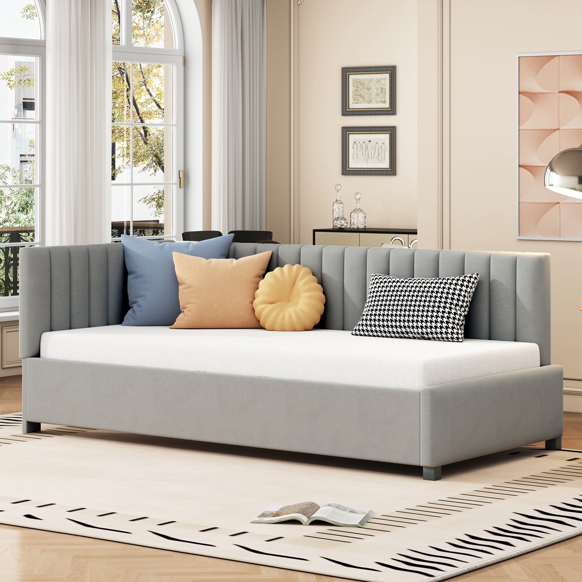 Wishdor Slaapbankbed - 90 X 200 Cm - Met Lattenbodem - Fluwelen Bekleding - Grijs - 197 X 97 X 65 Cm